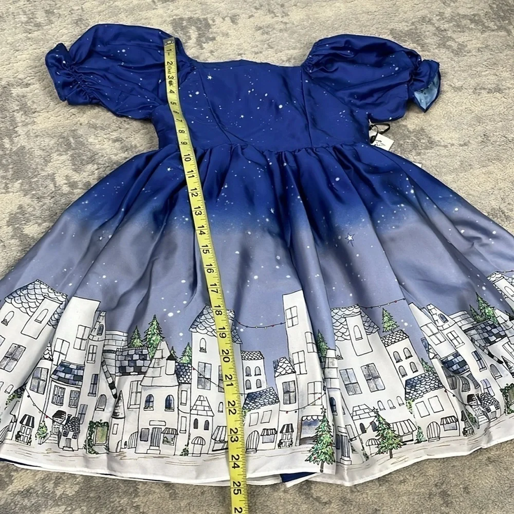 NWT Pippa & Julie Camilla Starry Night Whimsical Townscape Houses Dress Girls 5